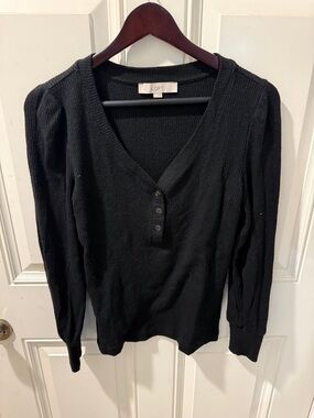 LOFT Black Ribbed V-Neck Henley Sweater Size M SMOKE FREE HOME